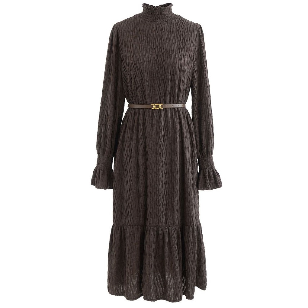 Chicwish Overall Embossing Mock Neck Belted Dress In Brown Review