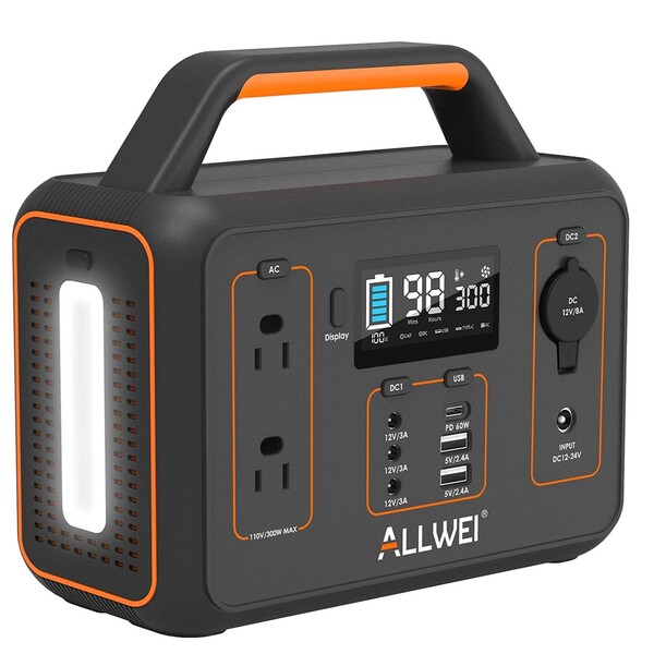 ALLWEI Portable Power Station, 280Wh Backup Lithium Battery, Regulated DC for mini Cooler, USB-C PD60W, 300W Pure Sine Wave AC Outlet Solar Power Generator for Outdoors Camping Travel Emergency