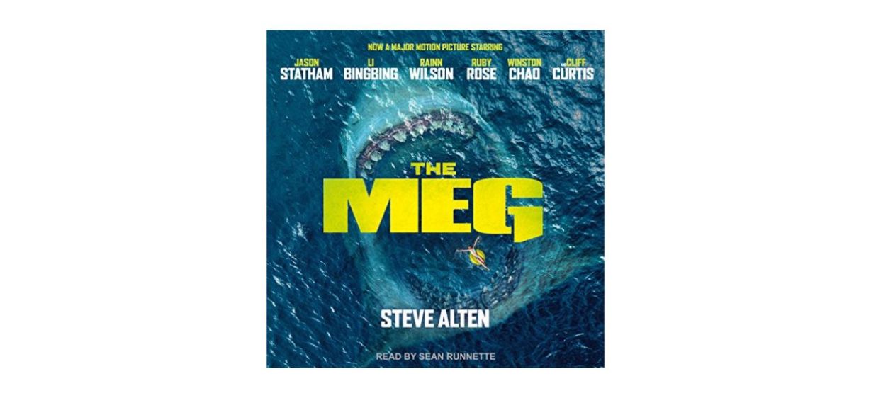 “Meg: A Novel of Deep Terror with Meg: Origins” by Steve Alten audiobook cover with a shark on it
