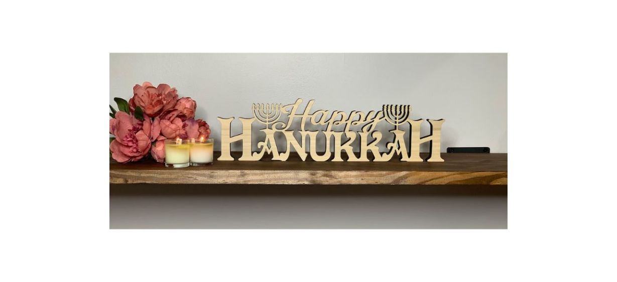 AJZmarkinginc Happy Hanukkah Freestanding Wood Sign on a mantel
