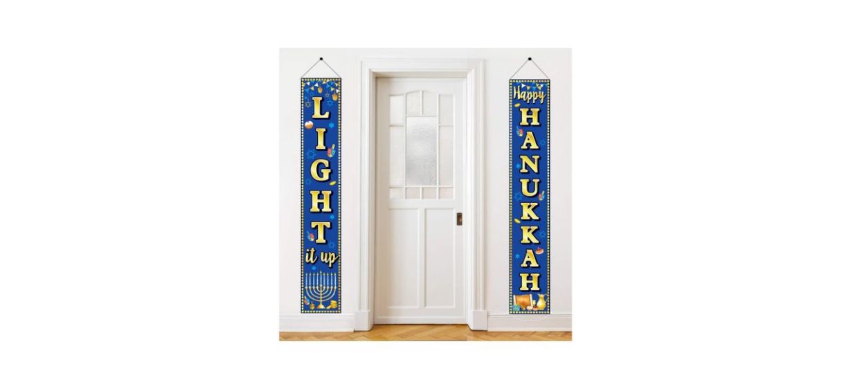 Party Greeting Happy Hanukkah Banner. One says "light it up" and the other says "Happy Hanukkah"; both hang vertically