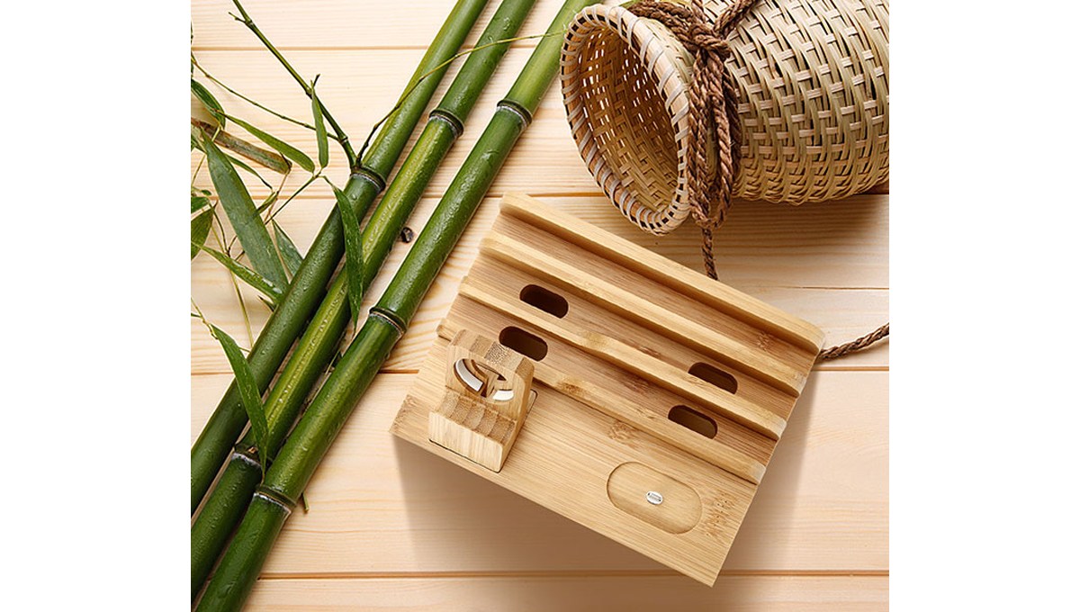 A Sendowtek Bamboo 6 in 1 Charging Station is placed between bamboo and a basket. A Sendowtek Bamboo 6 in 1 Charging Station is placed between bamboo and a basket.