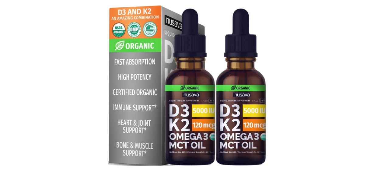 Nusava Organic Vitamin D3 K2 Drops on white background Nusava Organic Vitamin D3 K2 Drops on white background